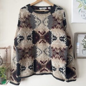 Geoffrey Beene 90s Vintage Hand Knit Wool Blend Sweater Oversized Cabin Lodge L